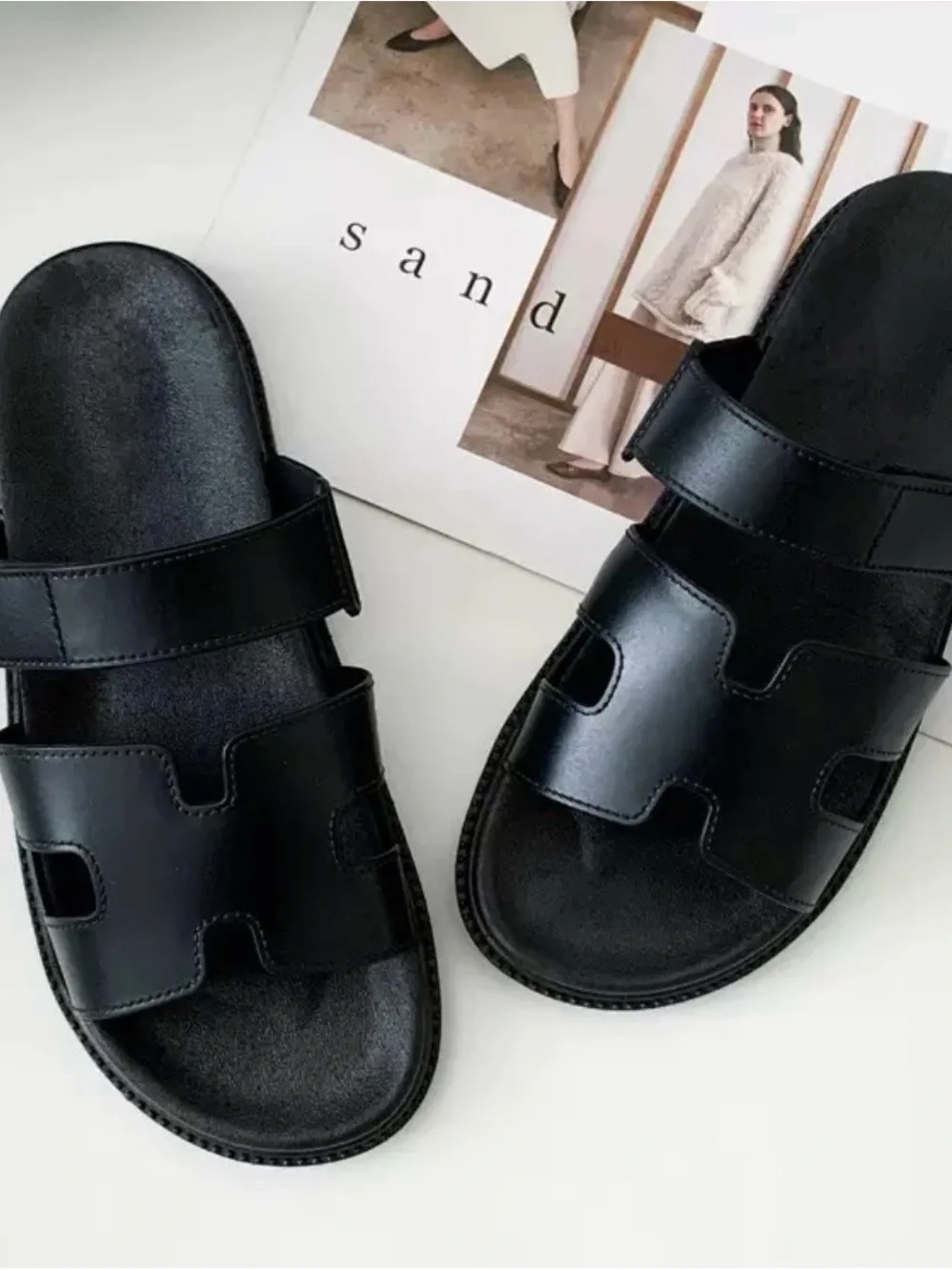 AND Black Double-Strap Slip-On Sandals